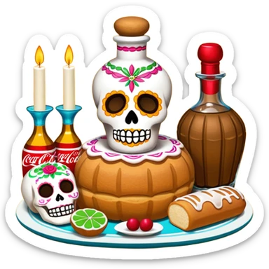 Altar de día de muertos con ofrendas como coca cola, pan dulce, dulces y tequila  sticker