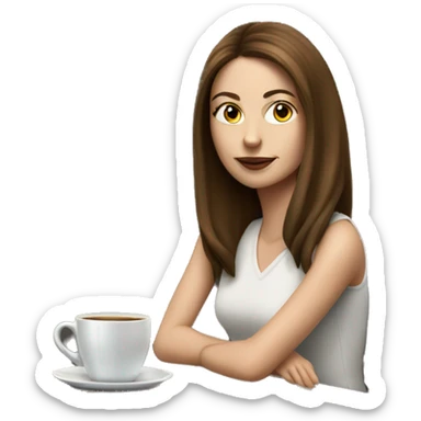 Side view realistic posh brown straight haired pale woman sits at the coffee table sticker