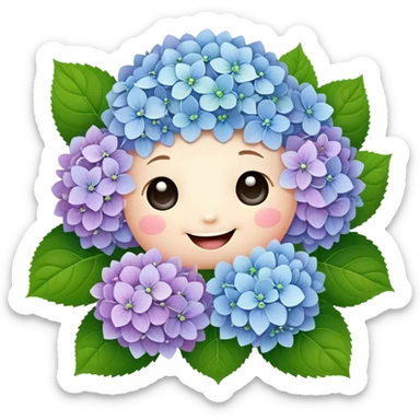 Adorable cute hydrangea flower with happy face, puffy round cluster of pastel colored tiny blooms, cheerful appearance, and cute little green leaves sticker
