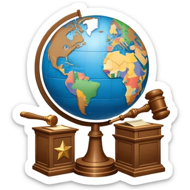 An icon featuring a globe with a gavel and a political map, symbolizing political science. The design includes a ballot box and a podium, representing democracy and governance. Transparent background highlights the study of political systems and global relations. sticker