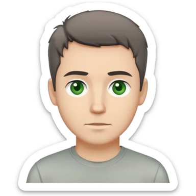 white man with dark messy short hair, dark green eyes, wearing a gray t-shirt sticker