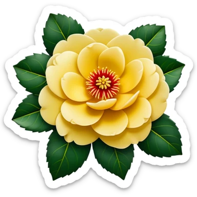 Classic camellia flower with perfectly arranged overlapping red petals, distinctive yellow stamens in center, and serrated glossy dark green leaves sticker