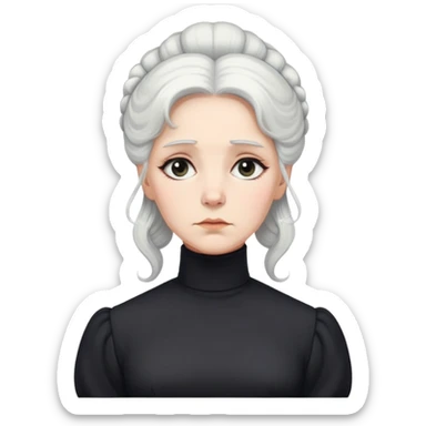 A Victorian woman with elegant coiffed white hair wearing a modest black turtleneck mourning dress with a forlorn expression sticker