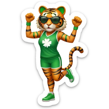 female energetic anthropomorphised tiger in full body, wearing St. Patrick's Day themed sportswear and dark sunglasses, dynamic pose sticker