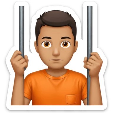 prisoner with orange shirt, metal bars in front of him and he touches the bars sticker