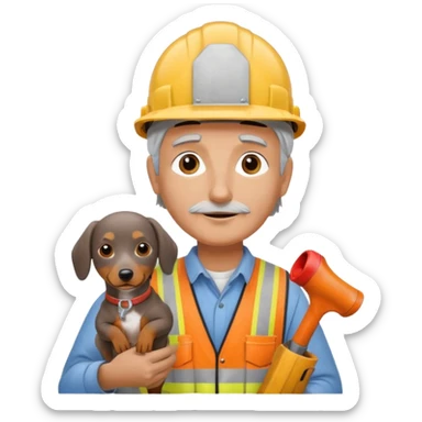 Construction worker with gray hair and weiner dog sticker