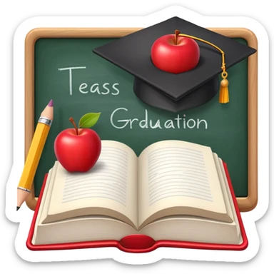 An icon featuring an open book, a chalkboard with lesson plans, and a pencil, symbolizing education and pedagogy. The design includes an apple and a graduation cap, representing teaching and learning. Transparent background highlights the growth and development in education. sticker