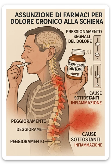 Man taking pain medication for chronic back pain, pills shown as dimmer switches turning down pain signals in transparent nervous system overlay, underlying spinal damage remaining completely untreated and worsening, expression of temporary relief masking progressive deterioration, medication bottle labeled 'symptom suppression' not 'cure', root cause inflammation continuing to spread in italiano sticker