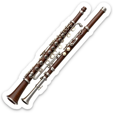 Cinematic Realistic Oboe, slender and elegant dark wood body, silver-plated keys catching soft highlights, delicate reed resting at the top, glowing with refined and classical beauty. sticker