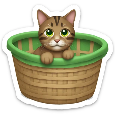  brown tabby cat with green eyes sitting in a basket sticker