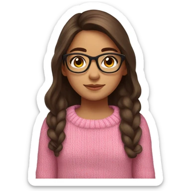 hispanic girl, long brown hair, brown eyes, full body, glasses, young, pink winter sweater sticker