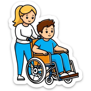 Brown haired man in a wheel chair with blonde haired mom pushing sticker