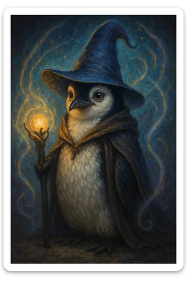 a penguin wizard with a pointy hat and a magic staff, magical aura, fantasy style sticker