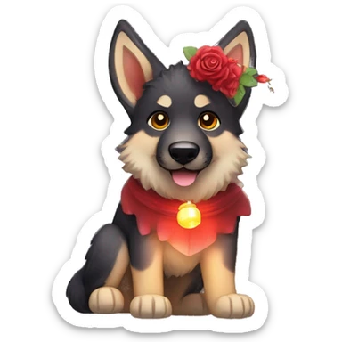 Midnight starry Brindled German shepherd fox carrying glowing red lantern, fairy lights, rose flower crown sticker