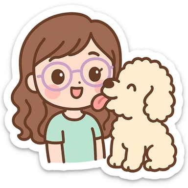 chibi style brunette female with glasses with her cream colored goldendoodle licking her face sticker