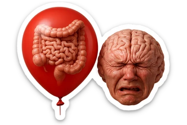 intestino umano anatomico chiuso in un palloncino rosso che simboleggia gonfiore, accanto un cervello stressato, iperrealistico 4k sticker