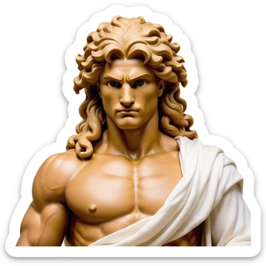 Cinematic Realistic Hercules Portrait, depicted as a classical Greek hero merging the fierce masculinity of the lion-wrestling Hercules with the refined face of Michelangelo's David. His light tan, chiseled skin glows with timeless strength, and his thick, curly, golden brown hair cascades in natural, sculpted curls reminiscent of a warrior’s mane. Draped in a flowing white robe with delicate golden accents and crowned with a traditional Greek laurel wreath, his intense, determined eyes exude noble might, all rendered under dynamic natural lighting with a mythic, radiant glow. sticker