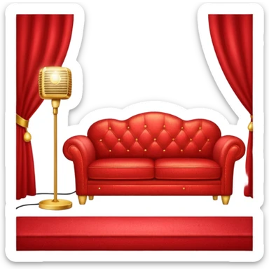Red sparkly sofa with a mic in the center of sofa lamp stand behind sofa sticker