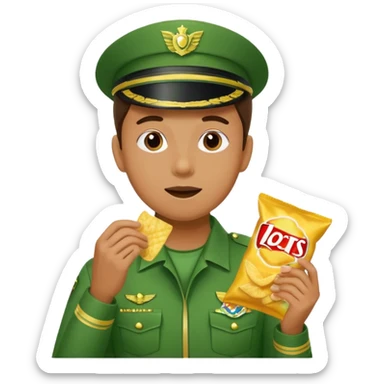 supermarket collegue wearing a green uniform and eating a packet of crisps sticker