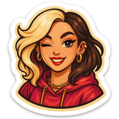 Make the girl more beautiful with expressive facial features, neat makeup, detailed hair, add accessories like earrings and chains, refine the clothing, add more small details. Use classic Telegram sticker style with clean outlines and light colors, no background. sticker