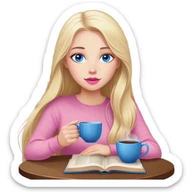 Cinematic realistic blonde with long hair, blue eyes, pink lips, sitting in a cozy atmosphere, reading a book, coffee is on the table next to her sticker