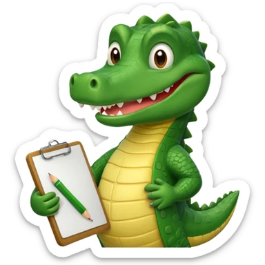 A cartoon gator with a clipboard and a pencil against a light green circle background sticker