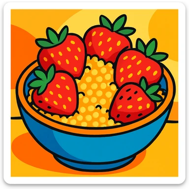 couscous and strawberries arranged in a bowl, bright, cheerful, food art sticker