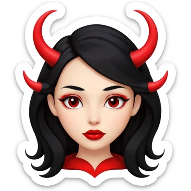 A girl's face with cheekbones, skin red, long black hair, small red horns, big lips sticker