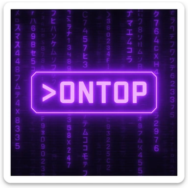 A seamless animated loop of a neon purple cyberpunk banner with glowing text that says ">ONTOP", centered in a rectangular box. The background features scrolling katakana and alphanumeric characters falling like digital rain (Matrix-style), with subtle screen glitches and pulsing light effects. The entire animation should have a moody, futuristic vibe, with soft purple glows and ambient flickers that bring the design to life. Format: 680x240px, looped animation, ideal for a Discord banner. sticker
