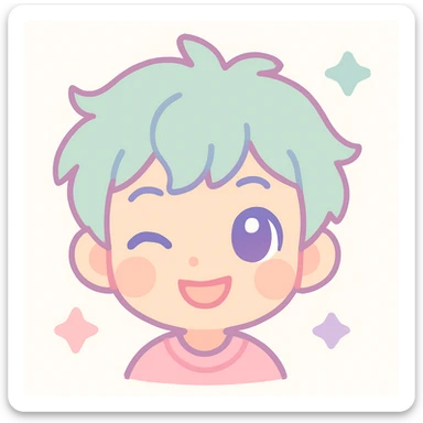 anime themed emoji of a boy, winking, tousled hair, playful grin, pastel colors sticker