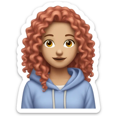 a white girl with long red curly hair, wearing a pastel periwinkle hoodie doing a pose sticker