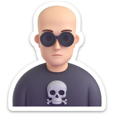 man with oval-shaped flat-top head wearing a black shirt with a gray skull on the front sticker