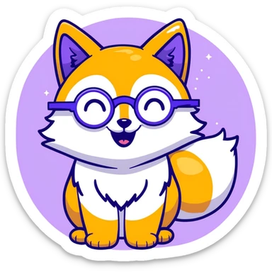 A magical fox with shimmering purple and blue fur, a glowing tail, a silver star on its forehead, and round glasses, laughing so hard that tears are streaming from its eyes sticker