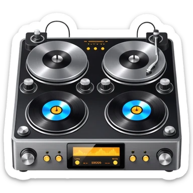 A dual turntable deck with glowing knobs and waveform screens.
 sticker