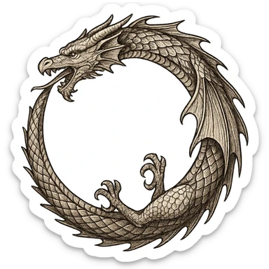 intricate ouroboros dragon forming a circle, mythological style, detailed and elegant sticker