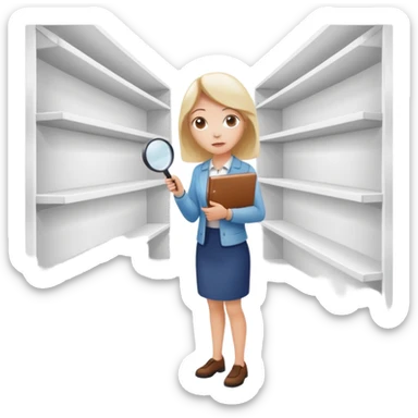 emoji of white empty shelf in perspective view with a standing woman nearby, she is looking at the shelfs with a magnifying glass, she is turned to the shelfs sticker