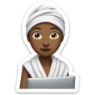 A girl with a towel, with a computer  sticker