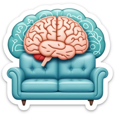 An icon featuring a brain, a couch, and a psychological test, symbolizing the study of psychology. The design includes abstract patterns representing the mind, with a calm, therapeutic setting in the background. Transparent background highlights the exploration of human behavior and mental health. sticker