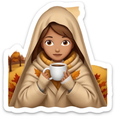 brown hair woman sitting under beige blanket, with a blanket over his head, holding cup of coffee, autumn mood sticker