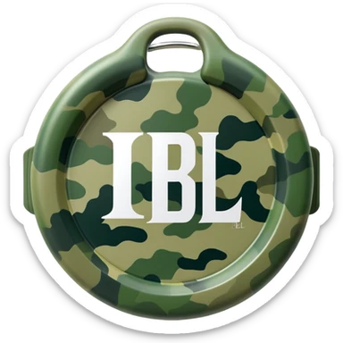 Extremely simple JBL Clip 4, clean circular form with hook, just 2-3 green camo elements, prominent JBL logo, iOS emoji style sticker