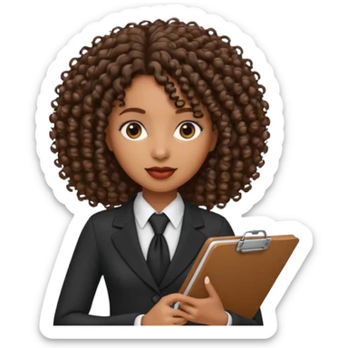 black woman in formal attire, curly hair, holding a clipboard sticker