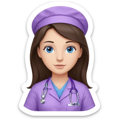 pretty brunette nurse with long hair and blue eyes in lilac scrubs sticker