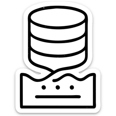 abstract minimalist outlined icon of database shapes intersecting with a basement motif, with abstract data streams of lines, dots, or waves, worn and distressed effect sticker