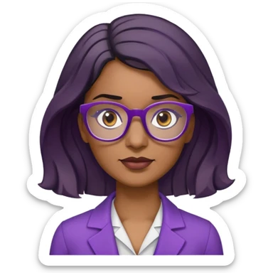 project manager woman ojos cafe oscuros cabello negro con un pequeño mechon de canas al lado izquierdo parte superior, cabello ondulado casi liso hasta el busto con gafas  morado oscuro sticker