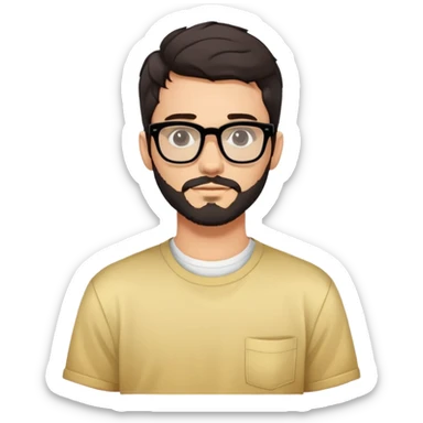 young adult man with light skin, short beard, dark wavy hair, relaxed expression, very wide rectangular glasses with thick black acetate frame and thick double bridge, retro oversized style, colorful open shirt and white t-shirt sticker