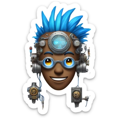 Brown cyborg head with blue Mohawk, blue beard, silver steampunk monocle goggles a smile and circuits sticker