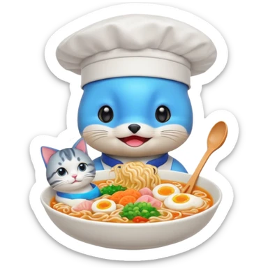I want a dolphin on top of a cat eating ramen noodles in Japan shibuya sticker