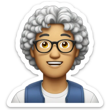 Asian man with round glasses and natural perm eating chicken sticker
