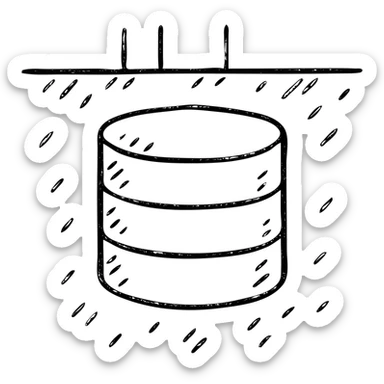 minimalist hand-drawn outlined icon of a database cylinder in a basement or underground setting, worn distressed effect sticker