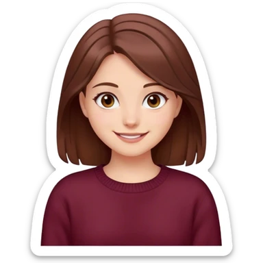 A girl with brown hair smiles, gray eyes, wearing a burgundy sweater sticker